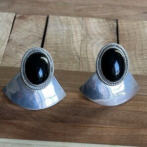 VTG Dulce Plateros Taxco Clip‎ Earrings 1.75 Inch Black Onyx 925 Sterling 31.5g